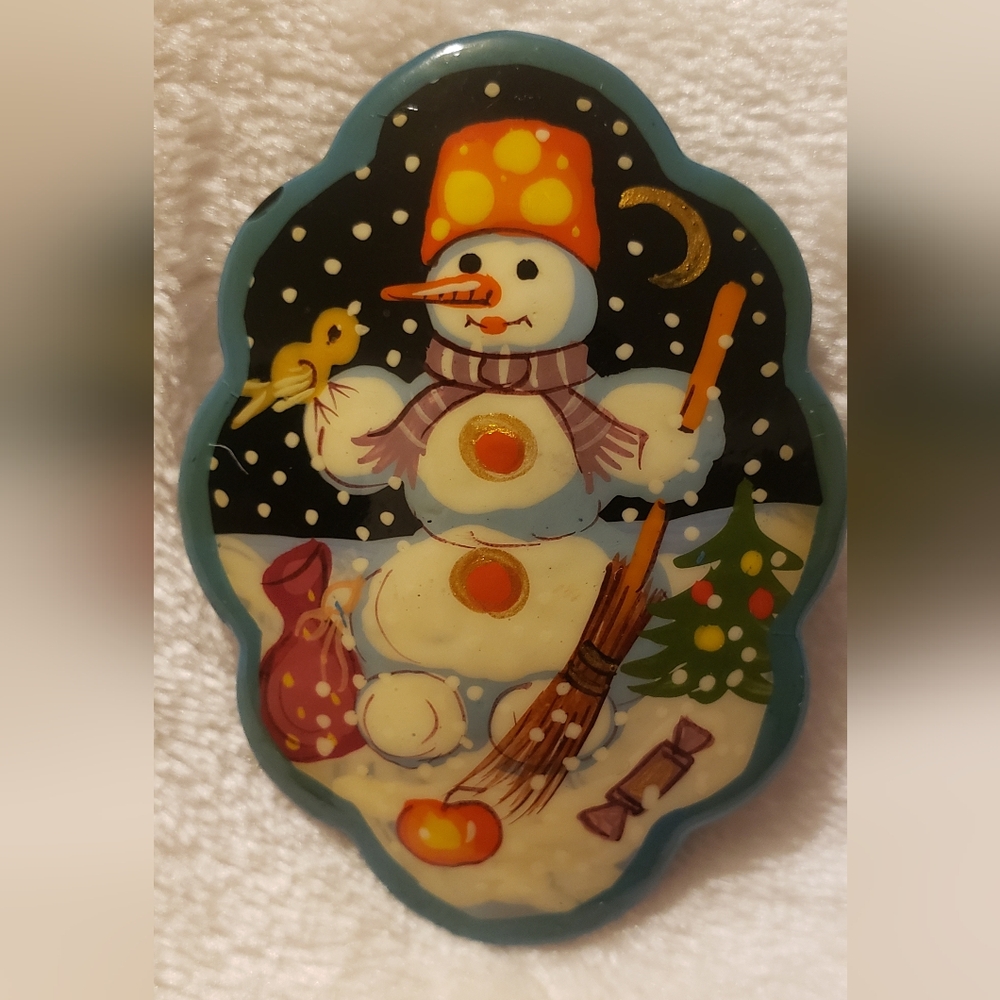 Vintage Russian Hand Painted Snowman Brooch, Used